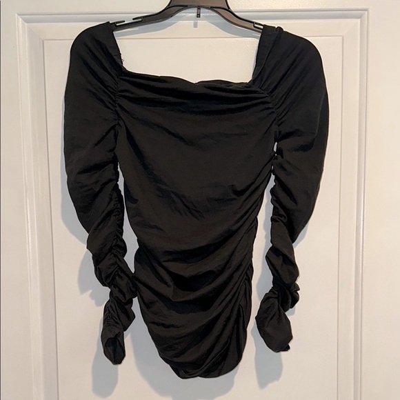 Anthropologie Maeve Black Ruched Bodycon shirt  with Bishop Sleeves size small - Picture 3 of 6
